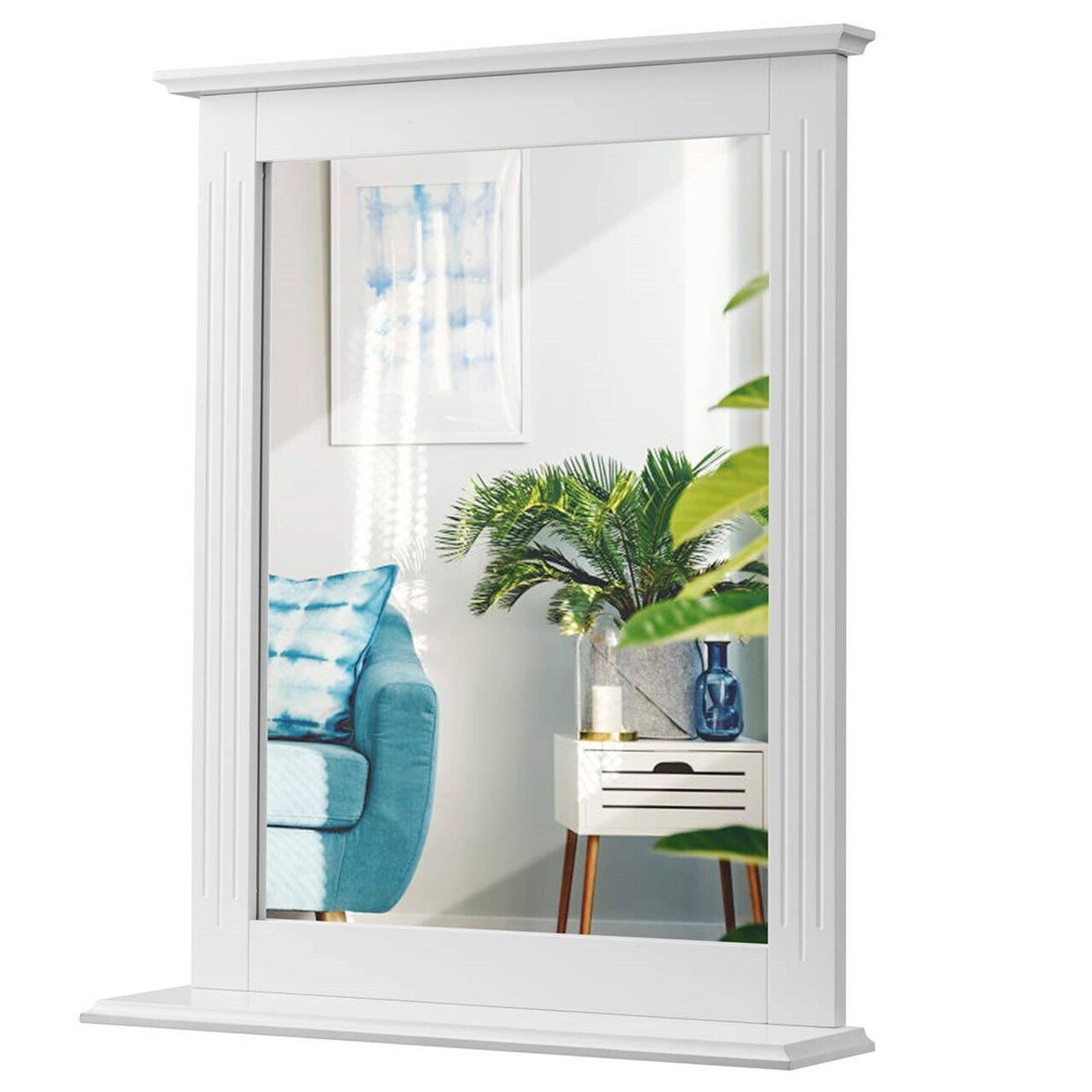 White MDF Wall Mounted Bathroom Mirror with Shelf and Grooved Frame